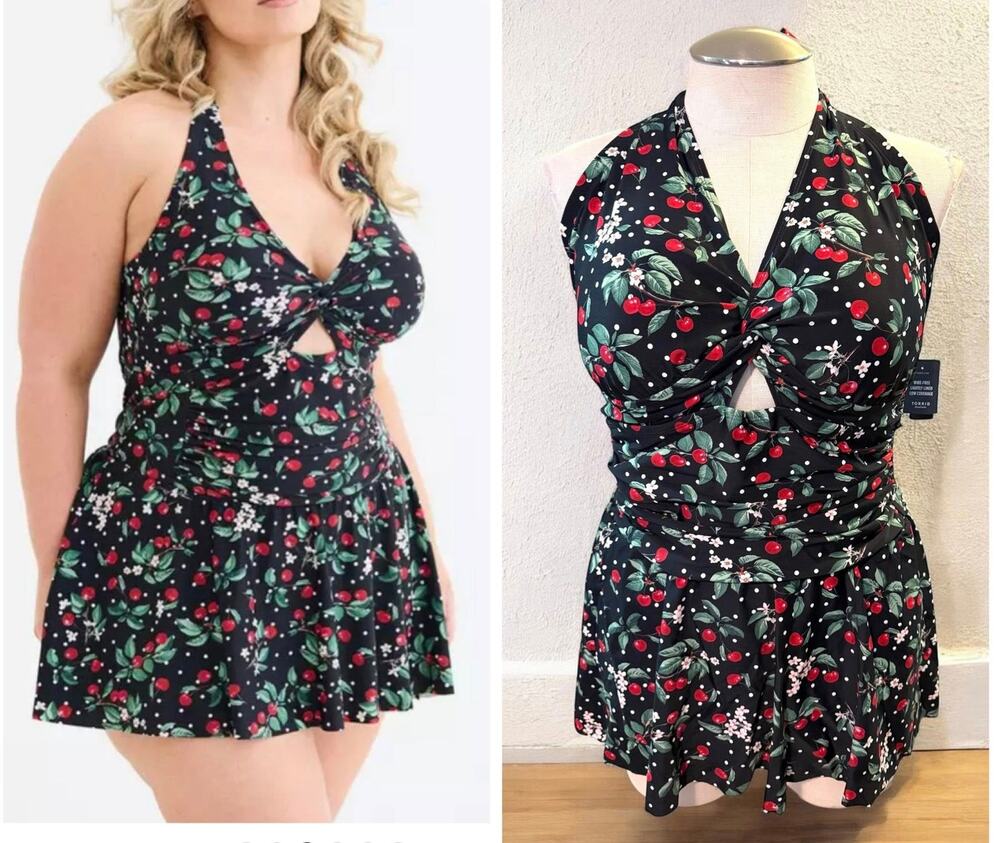 Torrid 5 (5X 28) Retro Chic Cherry‎ Cherries Halter Swim Dress w/Briefs Swimsuit